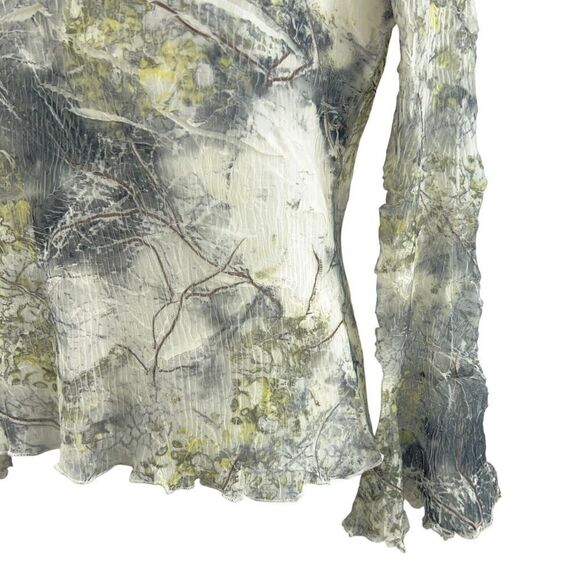 Komarov Crinkle Floral Print Top Size L v-Neck Long Sleeve Green Yellow Layered - Picture 5 of 12